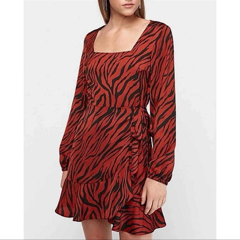 Express Tiger Print Square Neck Wrap Mini Dress